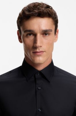 Easy-iron slim-fit shirt in cotton poplin, Dark Blue