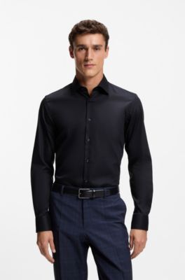 Easy-iron slim-fit shirt in cotton poplin, Dark Blue
