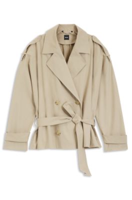 Belted short coat in cotton poplin, Light Beige