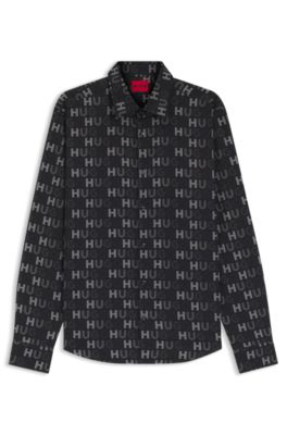 Printed slim-fit shirt in cotton poplin, Black