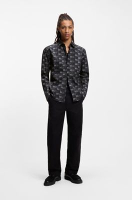 Printed slim-fit shirt in cotton poplin, Black