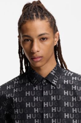 Printed slim-fit shirt in cotton poplin, Black