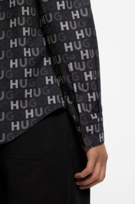 Printed slim-fit shirt in cotton poplin, Black