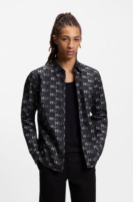 Printed slim-fit shirt in cotton poplin, Black