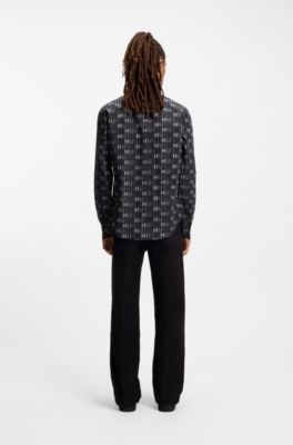 Printed slim-fit shirt in cotton poplin, Black