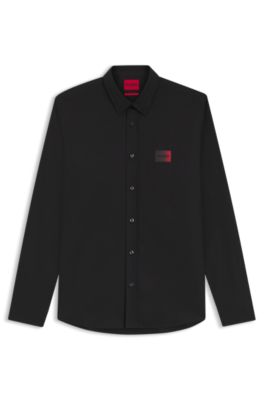 Camisa relaxed fit en lona de algod&oacute;n el&aacute;stico, Negro
