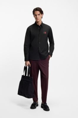 Camisa relaxed fit en lona de algod&oacute;n el&aacute;stico, Negro