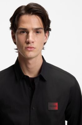 Camisa relaxed fit en lona de algod&oacute;n el&aacute;stico, Negro