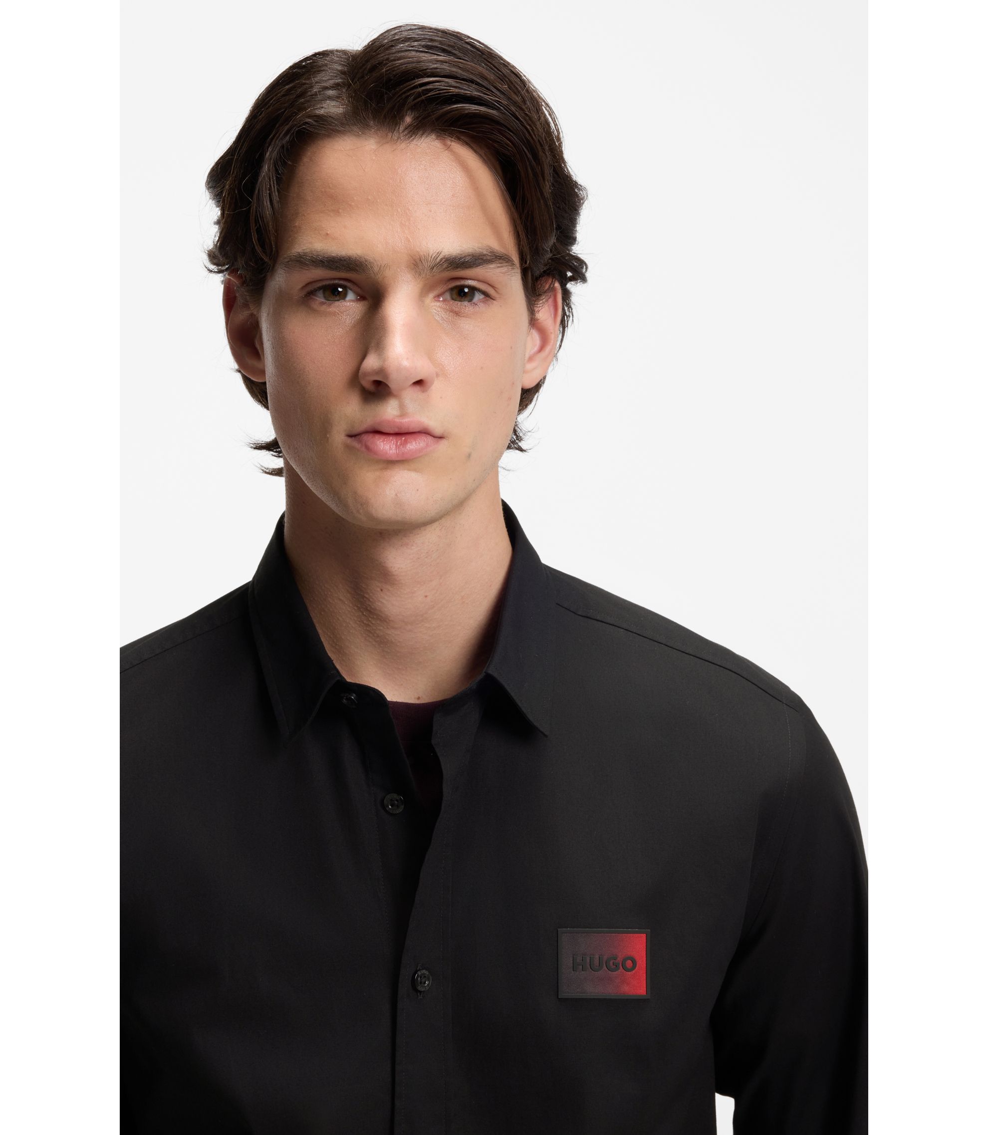 HUGO - Relaxed-fit shirt in stretch-cotton canvas - Black
