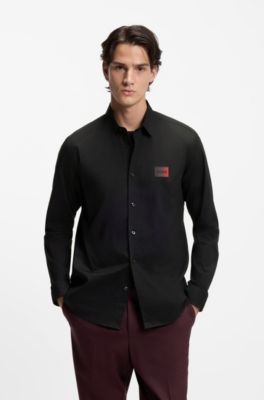 Camisa relaxed fit en lona de algod&oacute;n el&aacute;stico, Negro