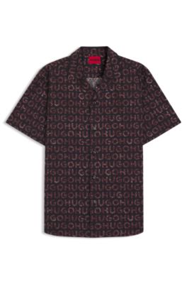 Printed relaxed-fit shirt in cotton poplin, Light Brown
