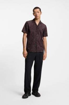 Printed relaxed-fit shirt in cotton poplin, Light Brown