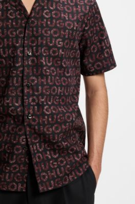 Chemise Relaxed en popeline de coton &agrave; logo imprim&eacute;, Brun chin&eacute;