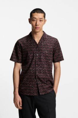 Printed relaxed-fit shirt in cotton poplin, Light Brown
