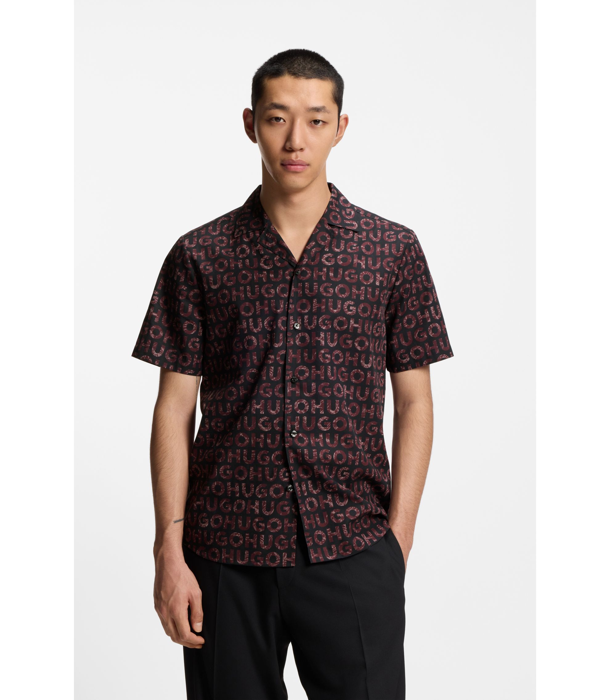 HUGO - Printed relaxed-fit shirt in cotton poplin - Light Brown