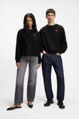 All-gender Cotton-terry sweatshirt with heart logo, Black