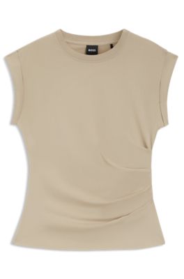 Camiseta slim fit de algod&oacute;n mercerizado con pu&ntilde;os enrollados, Beige claro