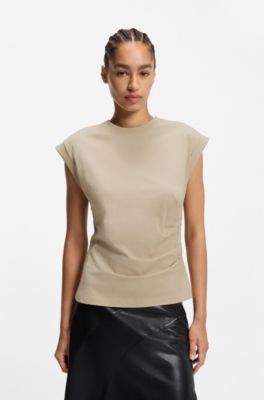 Rolled-cuff slim-fit T-shirt in mercerised cotton, Light Beige