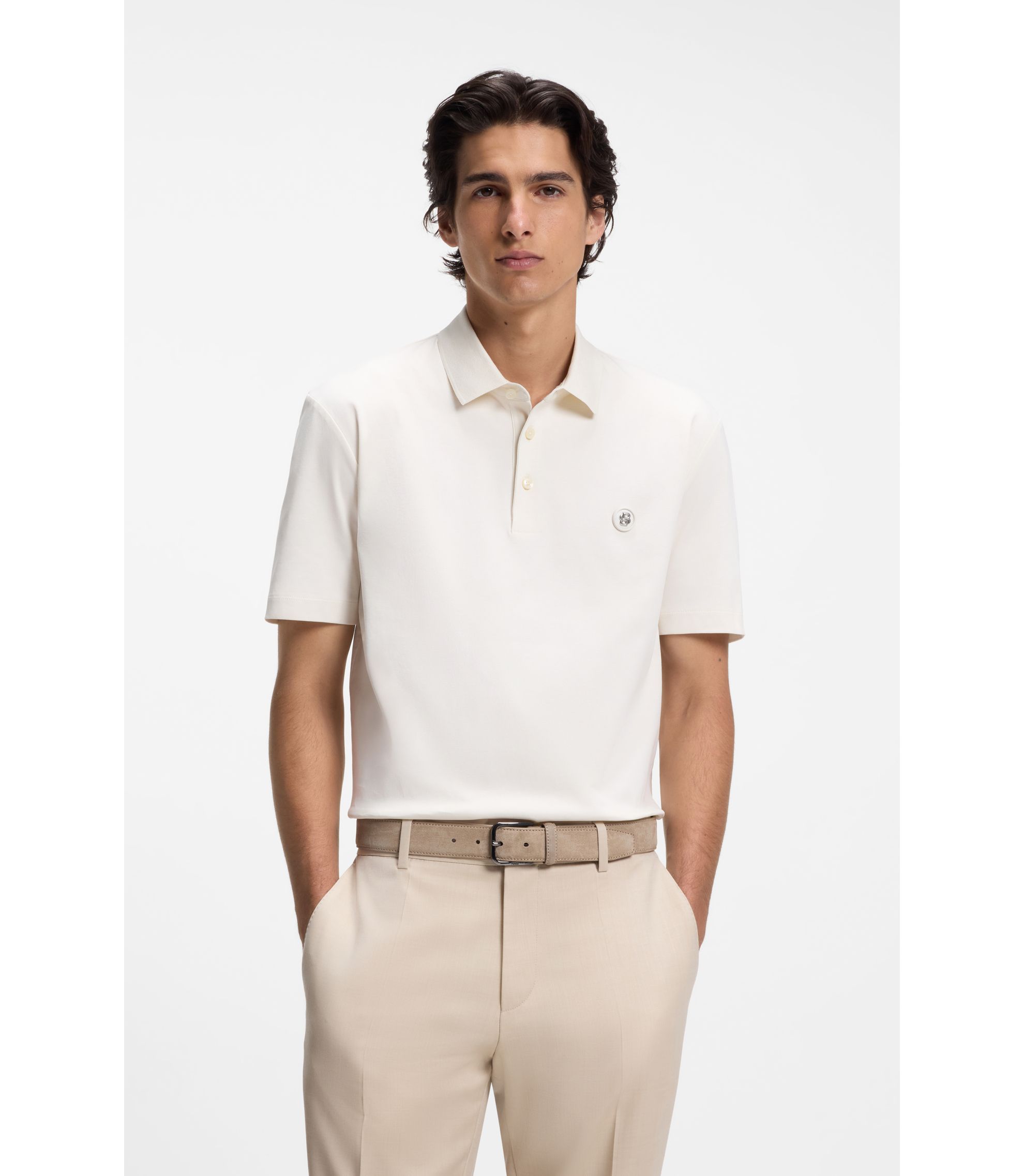 khakis and white dress shirt Casual Groom in Ivory Shirt and Tan Pants