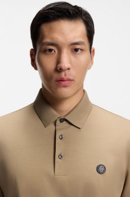 Mercerized-cotton polo shirt with Double B monogram, Khaki