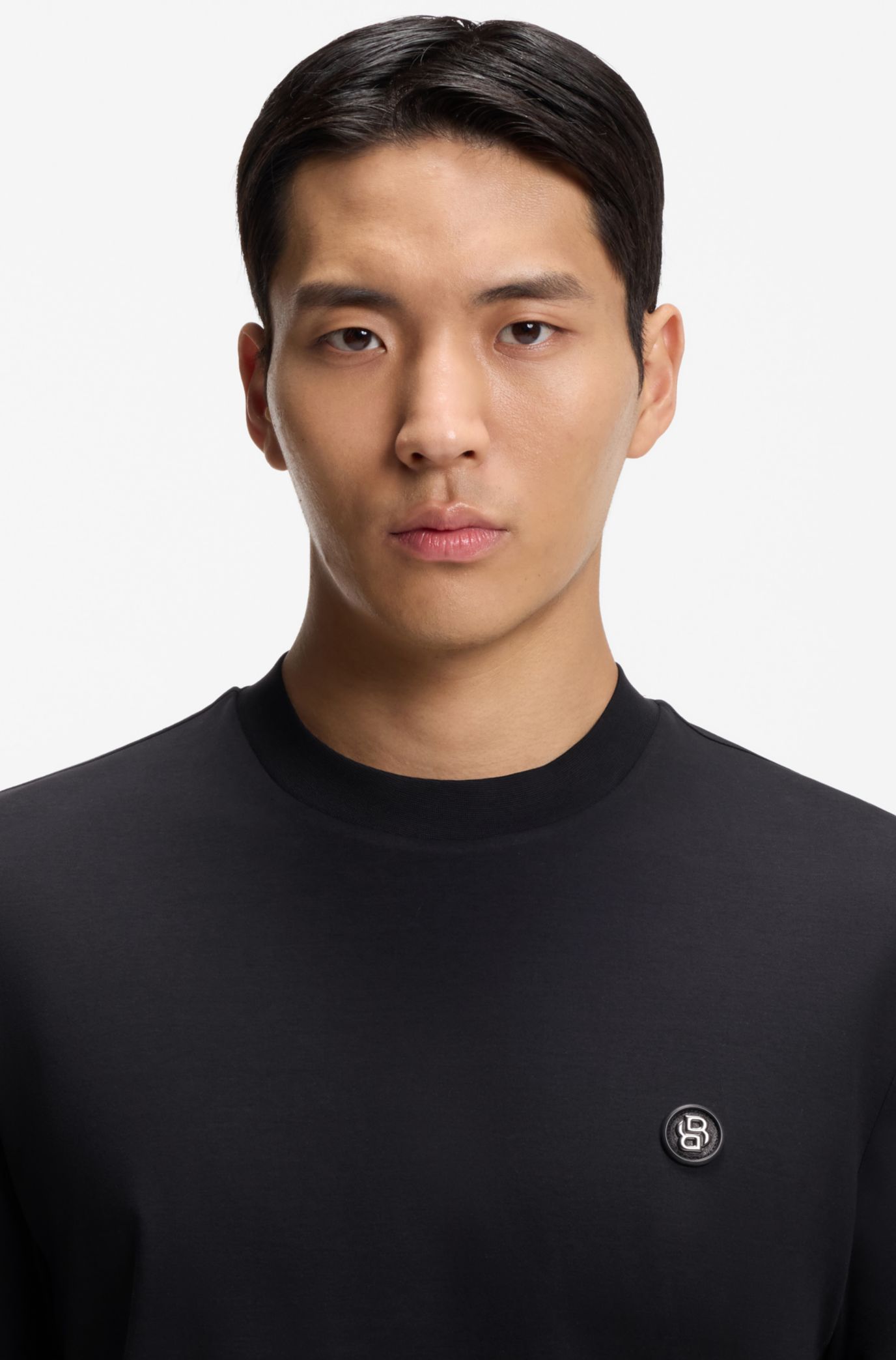 BOSS - Mercerized-cotton T-shirt with Double B monogram - Dark Blue