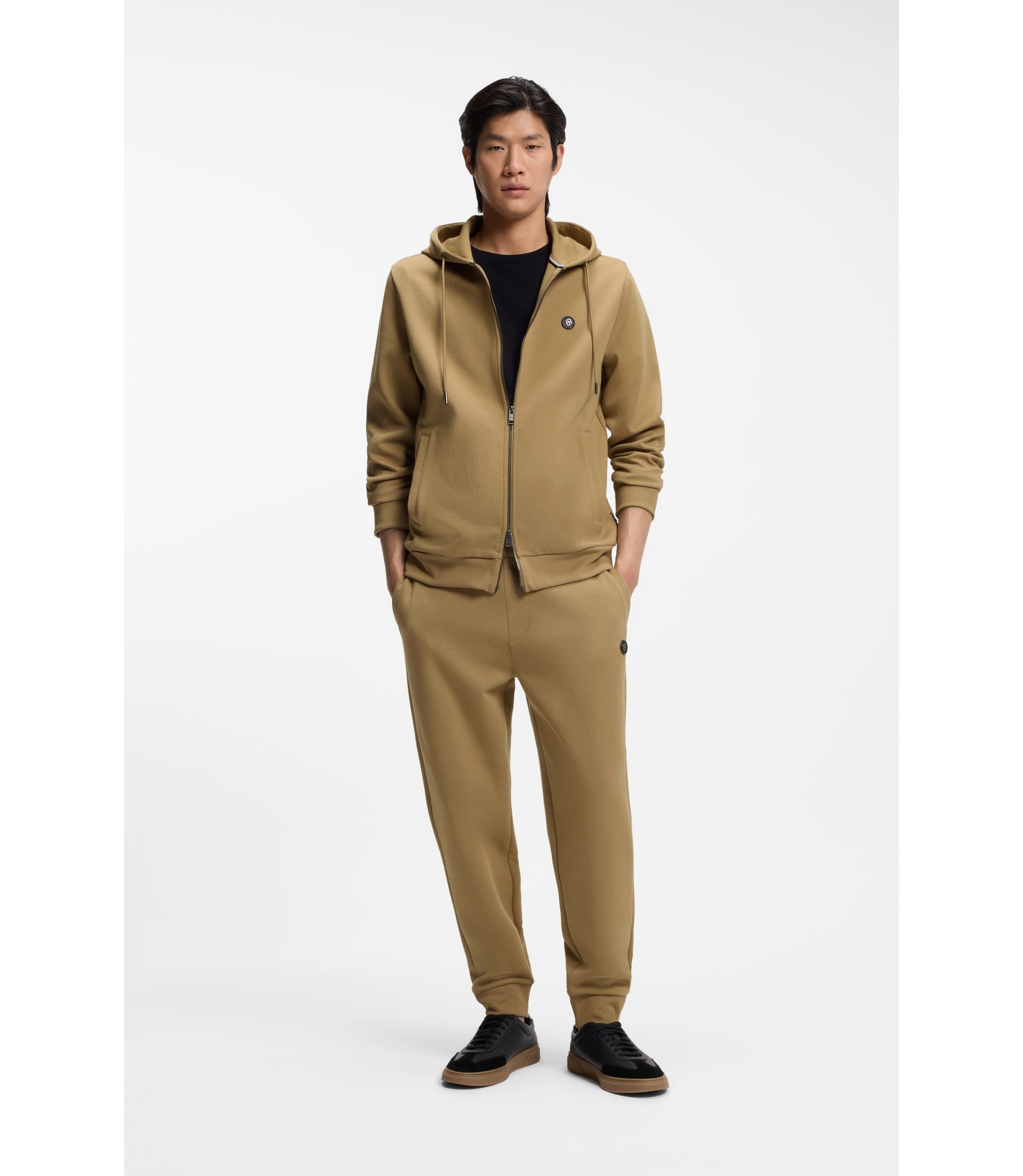 BOSS - Cotton-blend zip-up hoodie with Double B monogram - Khaki