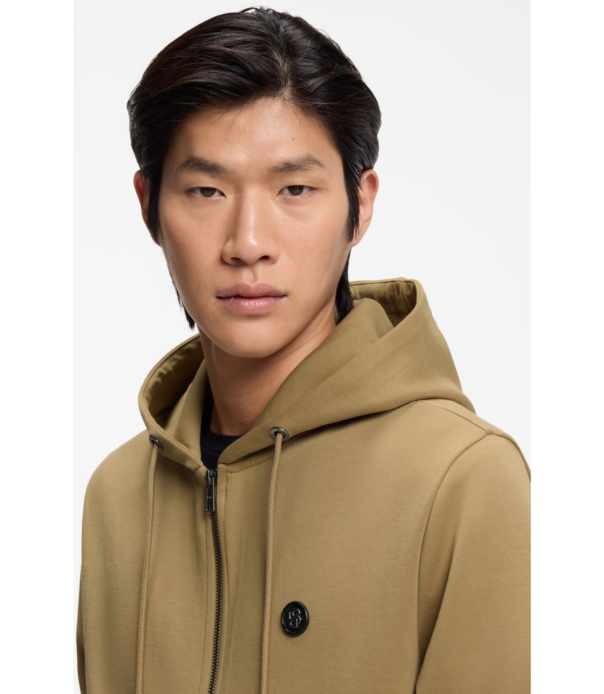 BOSS - Cotton-blend zip-up hoodie with Double B monogram - Khaki