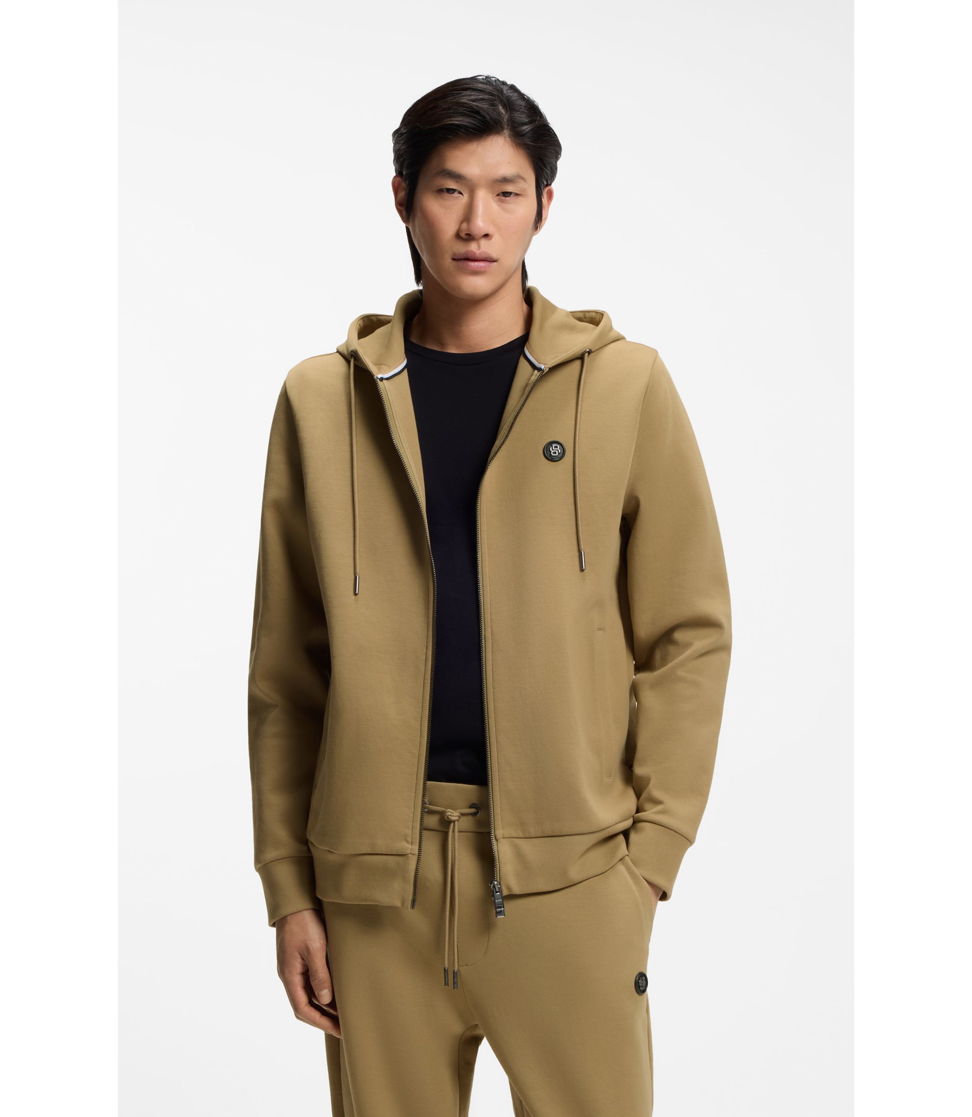 BOSS - Cotton-blend zip-up hoodie with Double B monogram - Khaki