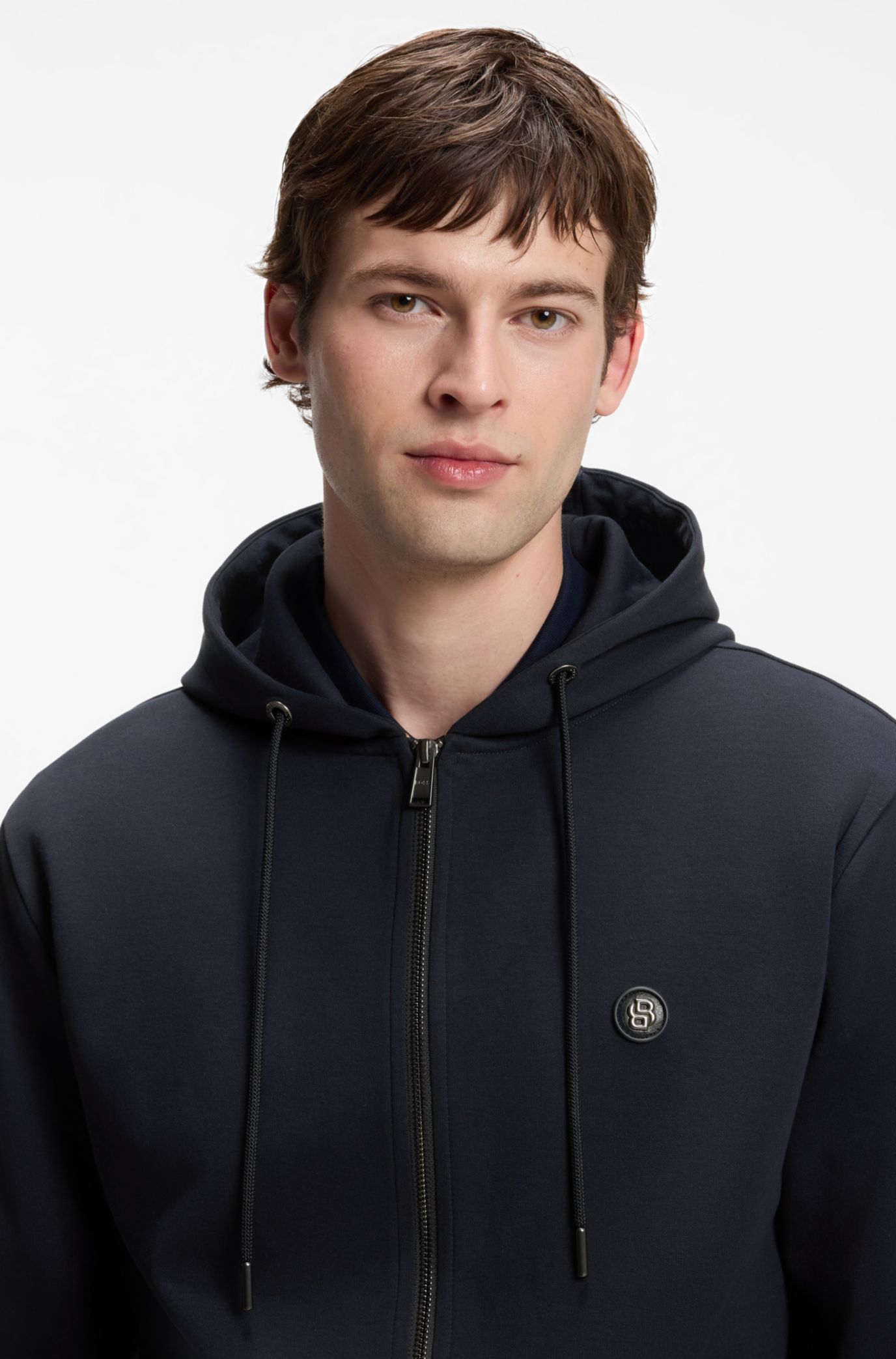 BOSS - Cotton-blend zip-up hoodie with Double B monogram - Dark Blue