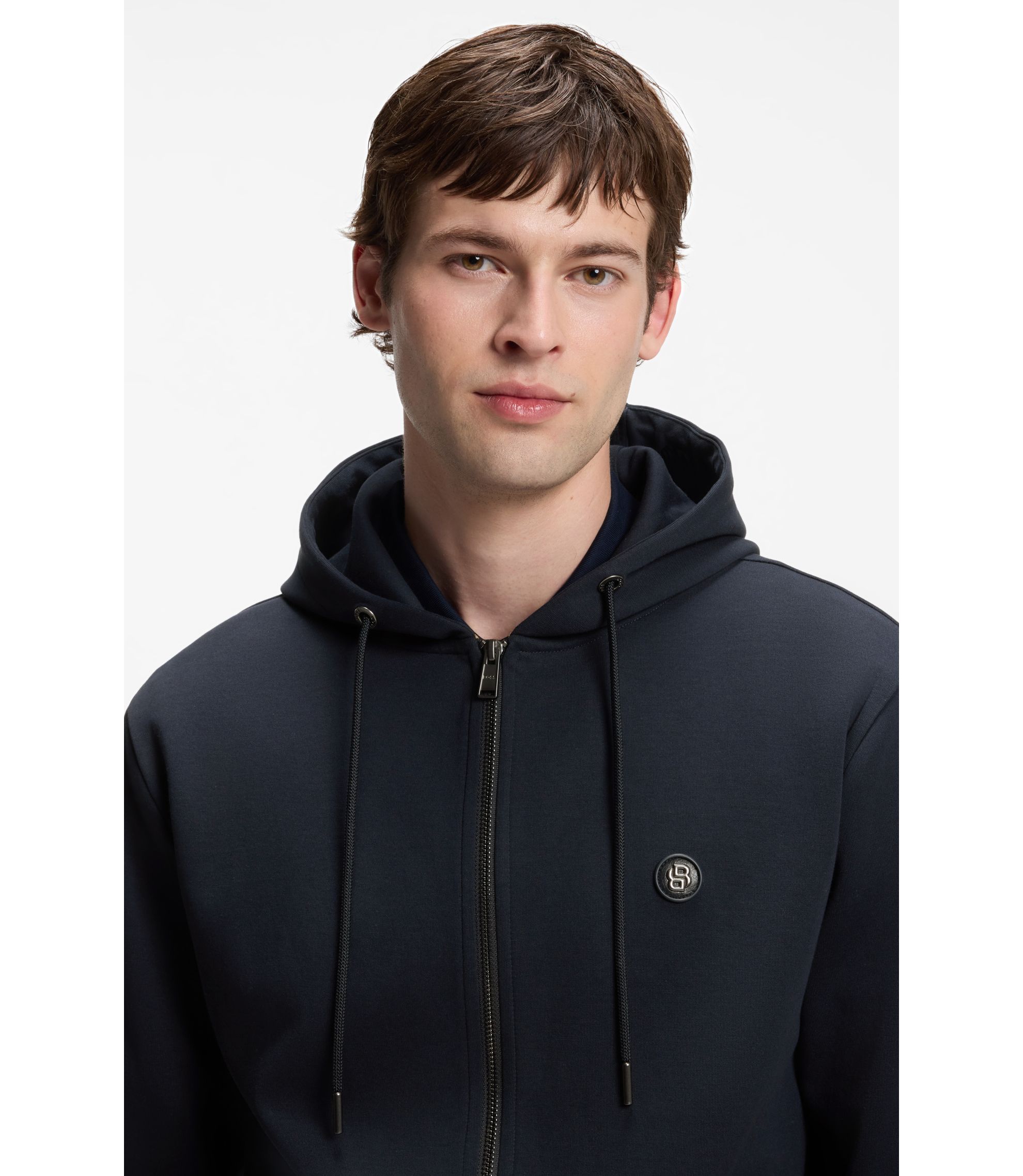 BOSS - Cotton-blend zip-up hoodie with Double B monogram - Dark Blue