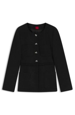 Blazer regular fit en boucl&eacute; brillante con botones de nudo, Negro