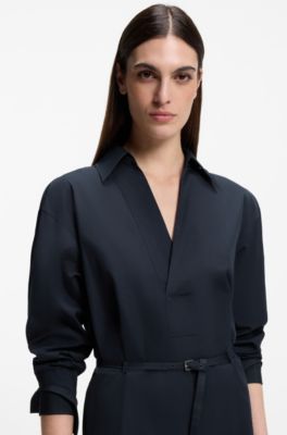 Cotton-poplin shirt dress with belt, Dark Blue
