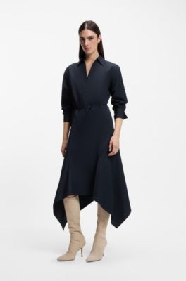 Robe-chemise &agrave; ceinture en popeline de coton, Bleu fonc&eacute;