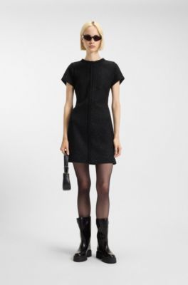 Vestido de bucl&eacute; brillante con ribetes de cinta de cadena, Negro