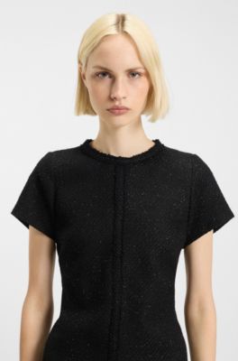 Vestido de bucl&eacute; brillante con ribetes de cinta de cadena, Negro