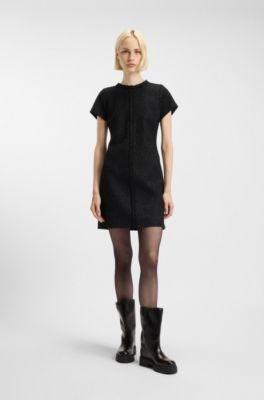 Vestido de bucl&eacute; brillante con ribetes de cinta de cadena, Negro