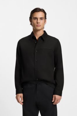 Sobrecamisa oversize fit de sarga suave con bolsillos laterales, Negro