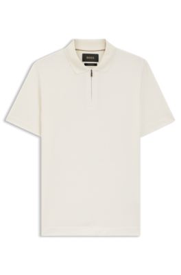 Cotton-silk polo shirt with zip neck, White