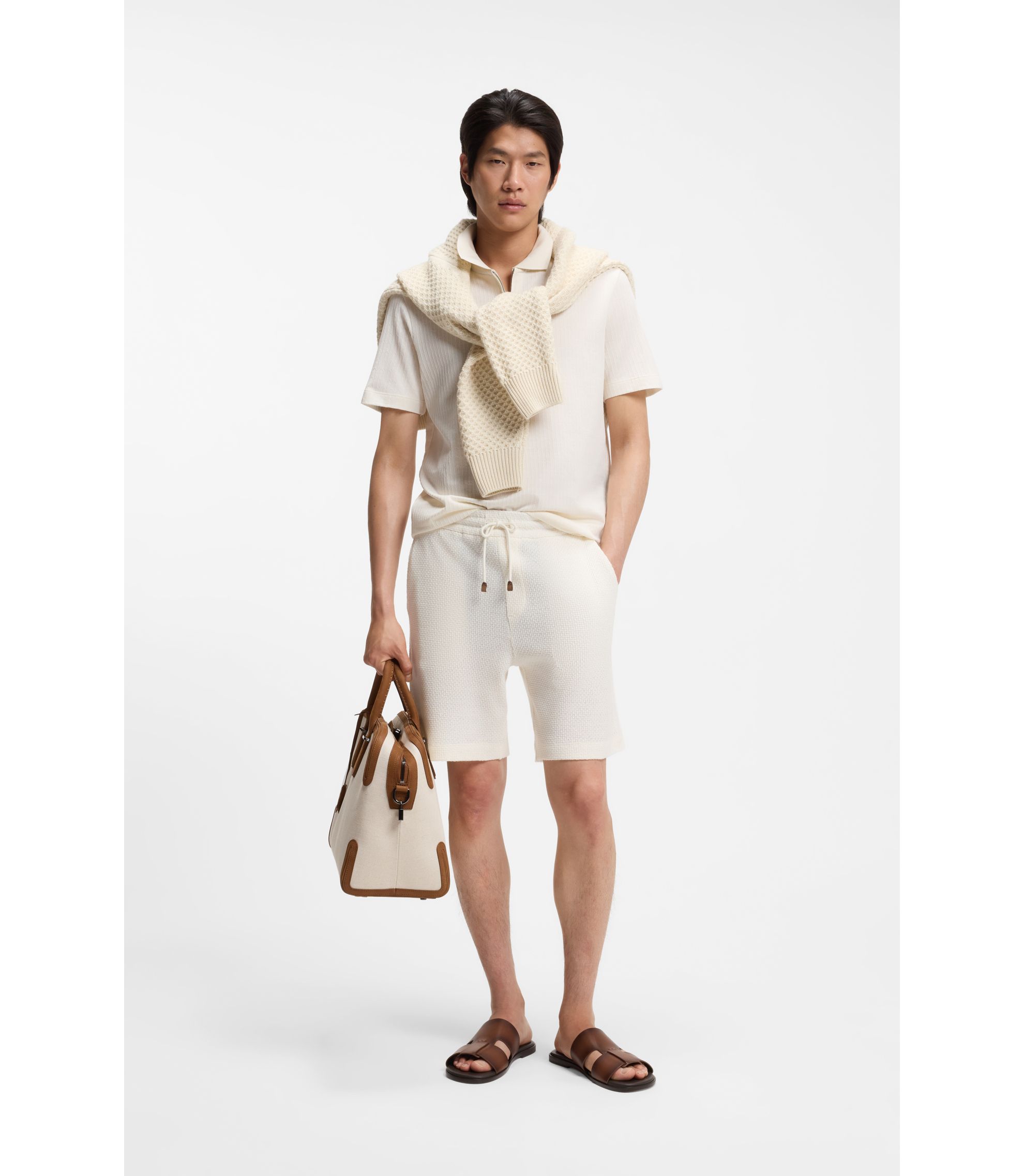 BOSS - Cotton-silk polo shirt with zip neck - White