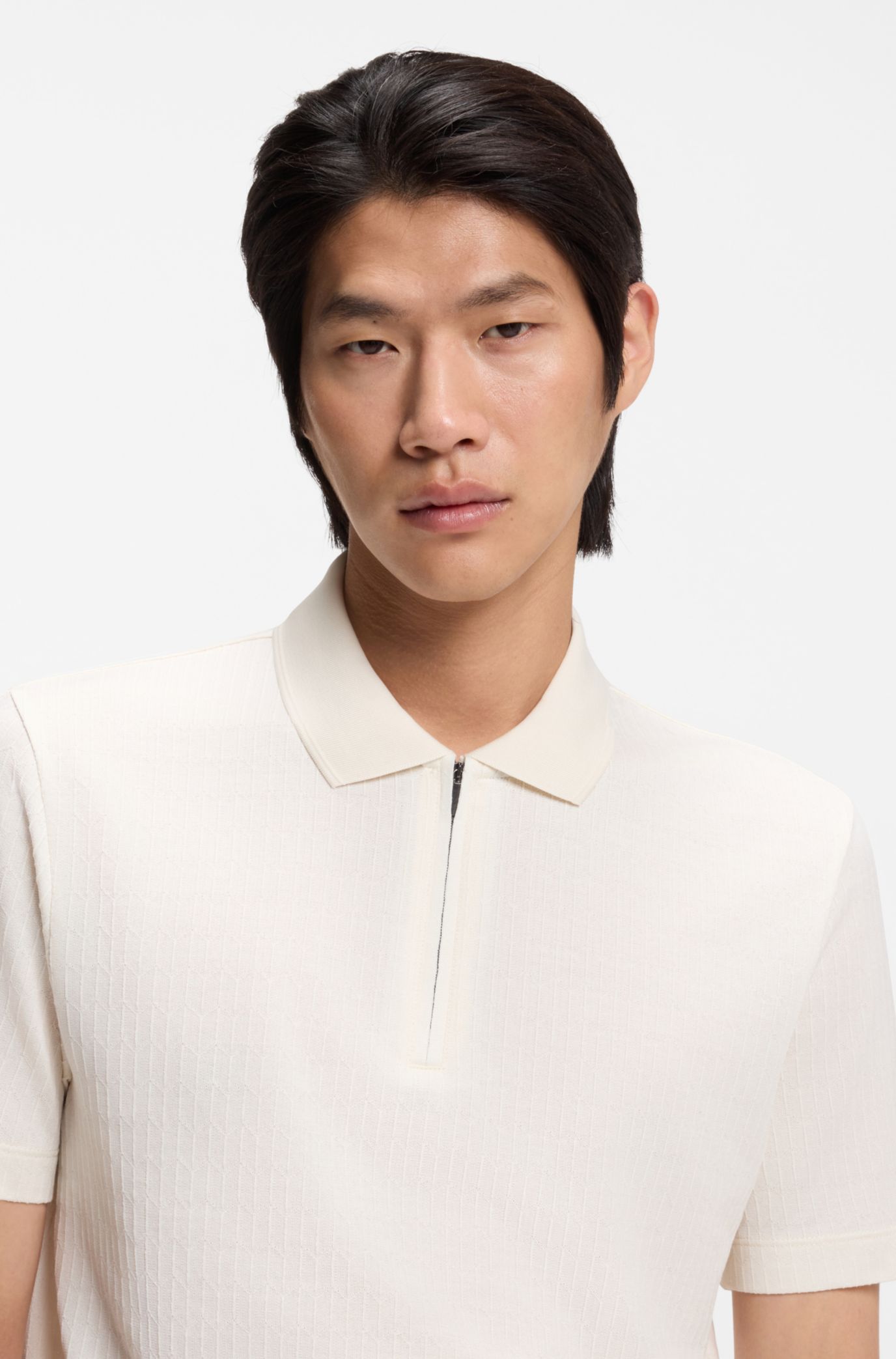 BOSS - Cotton-silk polo shirt with zip neck - White
