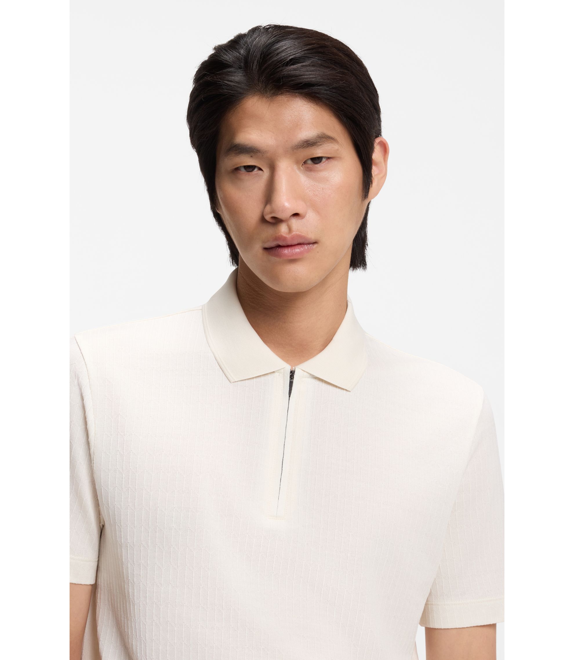 BOSS - Cotton-silk polo shirt with zip neck - White