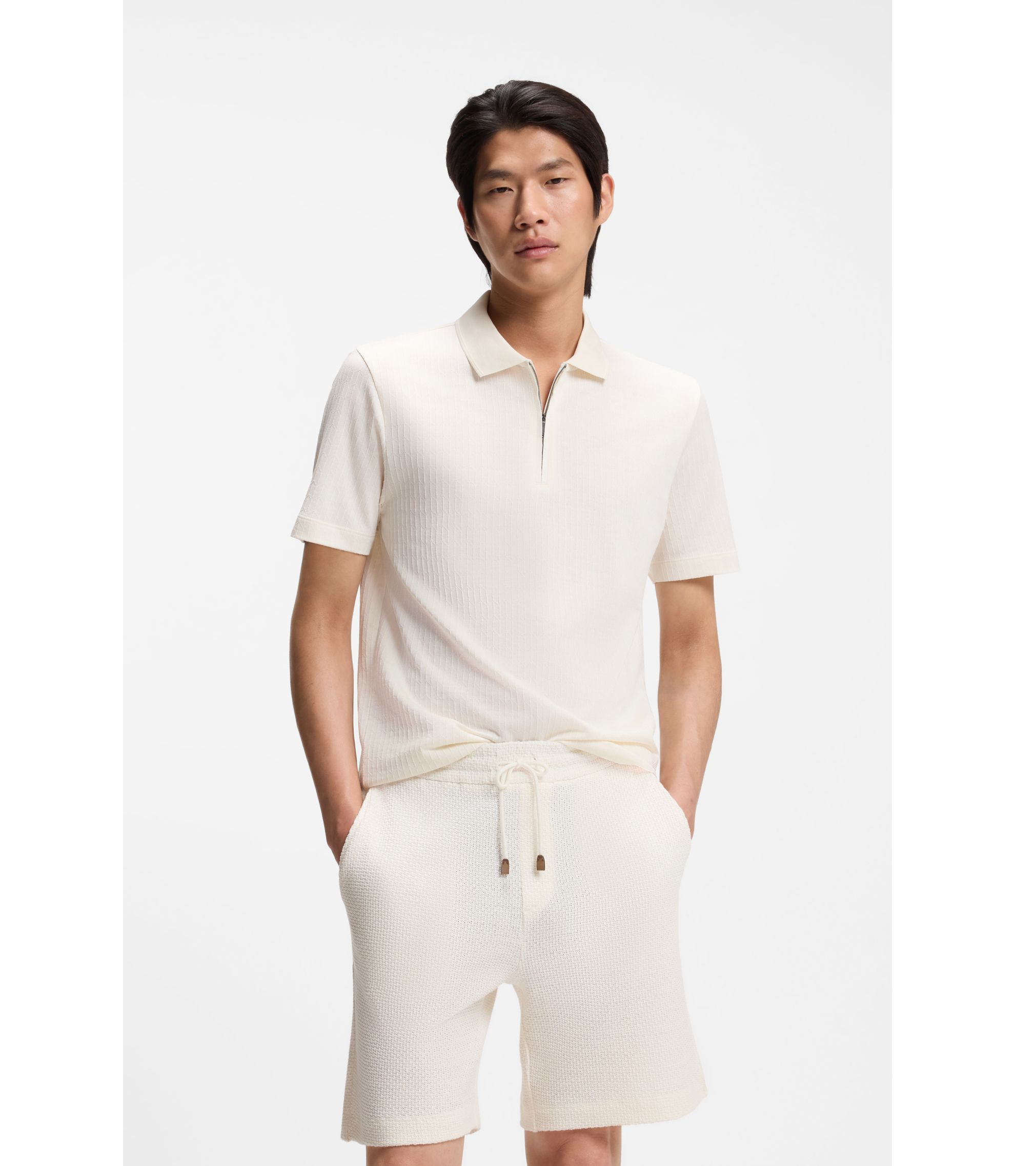 BOSS - Cotton-silk polo shirt with zip neck - White