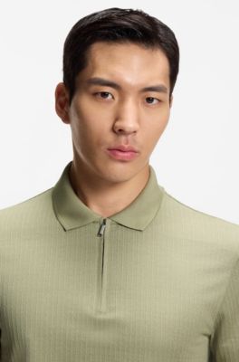Cotton-silk polo shirt with zip neck, Light Green
