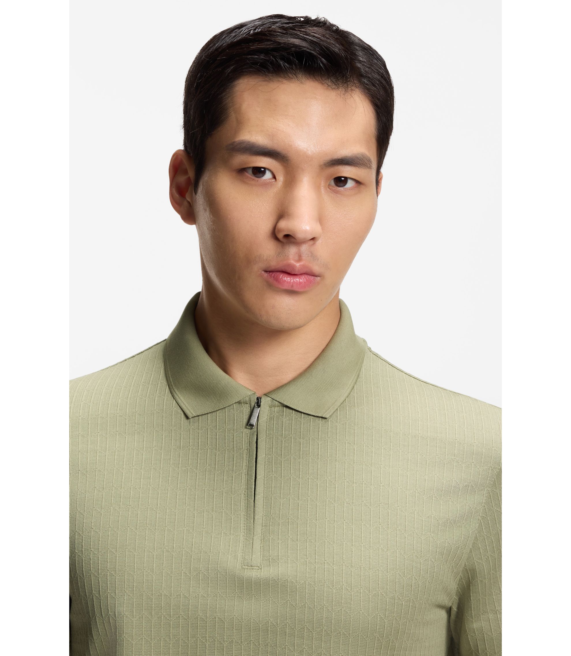 BOSS - Cotton-silk polo shirt with zip neck - Light Green