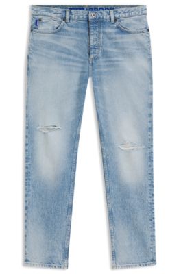 Jeans tapered fit en denim desgastado azul claro, Turquesa