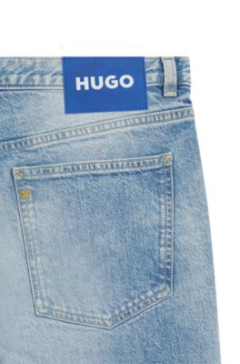 Jean Tapered en denim bleu clair effet us&eacute;, Turquoise
