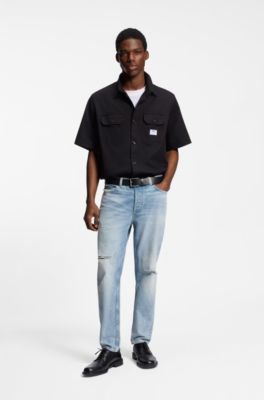 Jean Tapered en denim bleu clair effet us&eacute;, Turquoise