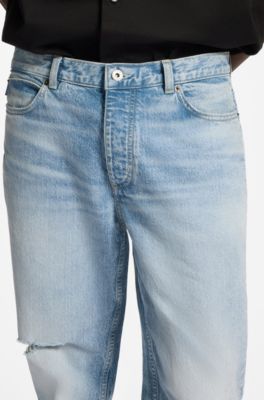 Jean Tapered en denim bleu clair effet us&eacute;, Turquoise