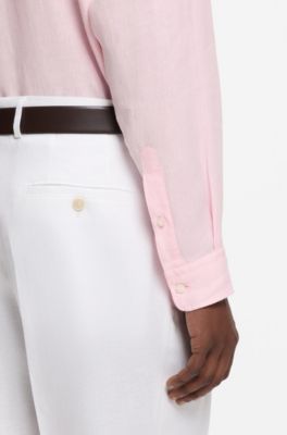 Chemise Regular &agrave; pointes boutonn&eacute;es en lin, Rose clair