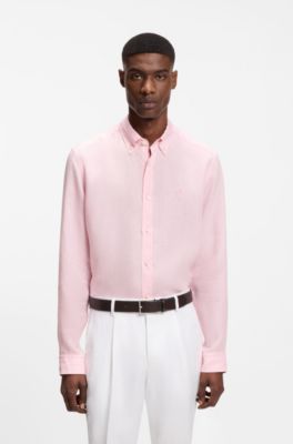 Chemise Regular &agrave; pointes boutonn&eacute;es en lin, Rose clair